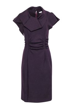 Current Boutique-Oscar de la Renta - Purple Wool Short Sleeve Ruffled Collar Dress w/ Gathered Waist Sz 8 Define Feminine, Ruffled Neckline, Ruffled Collar, Buy Shoes Online, Fabric Trim, Collar Dress, First Lady, Dark Purple, Cocktail Party