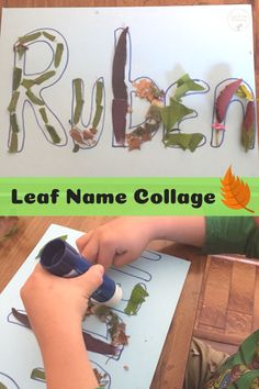 a young boy is making his own name collage with paper and glue while sitting at a table