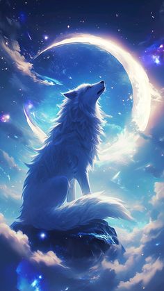 a white wolf sitting on top of a cloud filled sky next to a full moon