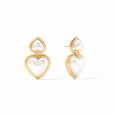 A heart-shaped gemstone enhanced with twisted golden wire detail dangles from an additional heart gem. Heart Shaped Jewelry, Gold Plated Earrings, Ear Jewelry, Jewelry Inspo, Dream Jewelry, Earring Backs, Jewelry Bags, Heart Jewelry, Ring Necklace