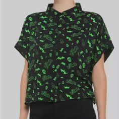 Very Light Weight Button Down Shirt With More Of A Crop Length To It. Never Been Worn Casual Button-up Blouse With Graphic Print, Trendy Green Collared Shirt, Casual Shirt With Button Closure For Night Out, Casual Collared Blouse For Night Out, Trendy Green Button-up Tops, Trendy Green Shirt With Buttons, Casual Button-up Shirt For Night Out, Casual Tops With Button Closure For Night Out, Casual Collared Shirt For Night Out