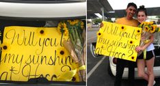 two people holding up signs in front of a car with sunflowers on it