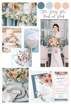 the wedding color scheme is peach and blue, with pink flowers on each side of the photo