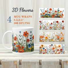 three mugs with flowers painted on them