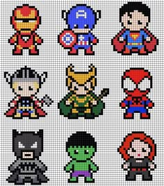 cross stitch pattern with different superhero characters