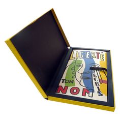 an open box with a book inside on a white background