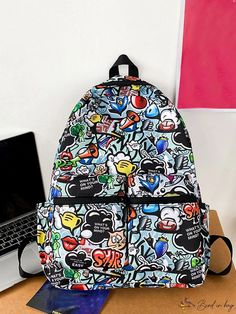 Bird in Bag - High Capacity College-Style Backpack with Colorful Cartoon Pattern Multicolor Large Capacity Backpack For Students, Multicolor Large Capacity Student Backpack, Casual Multicolor Backpack For School, Multicolor Casual Backpack For Back To School, Casual Multicolor Backpack For Back To School, Trendy Multicolor Backpack For Students, Casual Black Backpack With Letter Print, Multicolor Student Bags, Multicolor Large Capacity Backpack For School