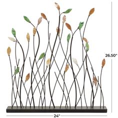 a metal sculpture with leaves on it and measurements for each piece in the figure's size