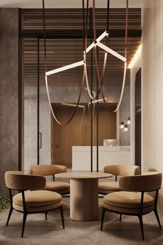 an elegant dining room with chairs and a round table in the center surrounded by hanging lights