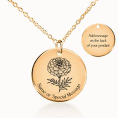 Celebrate a October birthday or create a meaningful gift with our Marigold Birth Flower Pendant Necklace. Crafted with care in the United States, this made-to-order necklace allows you to personalize the pendant with a name, date, or special message, turning it into a timeless keepsake. Each pendant features a laser-etched aster flower design, symbolizing growth, resilience, and connection to nature. Available in gold, rose gold, or silver stainless steel, this hypoallergenic necklace is made to Teddy Bear Wall Art, October Birth Flower, October Birth Flowers, November Birth Flower, Meaningful Gifts For Her, Hypoallergenic Necklace, Aster Flower, Bear Wall Art, November Birthday