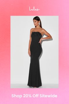 The Lulus Brilliantly Bold Black Strapless Mermaid Maxi Dress is an easy way to make sure you get noticed! Sleek woven fabric shapes this stunning dress that has a straight neckline (with no-slip strips) with a sheer organza flounce and a strapless, princess-seamed bodice with supportive boning at the sides. A high waist tops a figure-skimming mermaid maxi skirt. Hidden back zipper/clasp. Fit: This garment fits true to size. Length: Floor length. Size medium measures 62" from top to bottom. Bust: Great for any cup size. Waist: Fitted - very fitted at natural waist. Hip: Loosely Fitted. Undergarments: May be worn with a strapless bra, adhesive bra, petals, or no bra. Fabric: Fabric has no stretch. Fully lined. Shell: 100% Polyester. Contrast: 100% Polyester. Lining: 100% Polyester. Hand Was Glamorous Strapless Dress With Fitted Bodice And Straight Neckline, Gala Evening Dress With Fitted Bodice And Straight Neckline, Evening Dress With Sweep Train And Straight Neckline, Evening Gown With Ruched Bodice And Straight Neckline, Evening Gown With Straight Neckline, Gown With Ruched Bodice And Straight Neckline For Evening, Chic Fishtail Evening Dress For Gala, Chic Strapless Gown With Sweep Train, Elegant Strapless Dress With Sweep Train