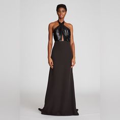 Nwt. Showcasing Its Shimmering Accents, The Lacey Gown Perfectly Captures Halston's Iconic Ultra-Glam Feel. It’s Framed By A Halter Neckline Featuring A Criss-Cross Bodice With Showstopping Sequins, While Its Hem Gives Balance To The Entire Styleboth In Palette And Silhouette. Celebrate The Season In A Statement Piece That Evokes A Beguiling Aesthetic, Grounded In Both Its Standout Elements And Elegant Detailing. Halter Neck Stretch Crepe Gown Criss-Cross Sequin Bodice Floor Length Dress 92% Rec Gala Evening Dress With Contrast Sequin And Fitted Bodice, Fitted Bodice Evening Dress With Contrast Sequin, Evening Dress With Contrast Sequin And Fitted Bodice, Fitted Evening Gown With Contrast Sequin, Evening Gown With Sequins And Fitted Bodice, Sequined Gown With Fitted Bodice For Evening, Floor-length Maxi Dress With Contrast Sequin For Evening, Prom Evening Gown With Contrast Sequin, Contrast Sequin Gown For Gala