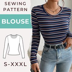 a woman wearing a striped shirt and jeans with the text sewing pattern blouse s - xxl