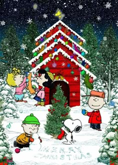 an animated christmas scene with peanuts and charlie brown in front of a red house surrounded by snow