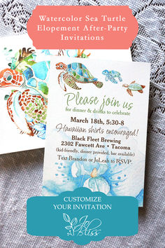 sea turtle wedding invitations Elopement After Party, Sea Turtle Artwork, Blue Color Palettes, Turtle Artwork, Watercolor Orchid, Turquoise Watercolor, Elopement Reception, Party Reception, Elopement Announcement