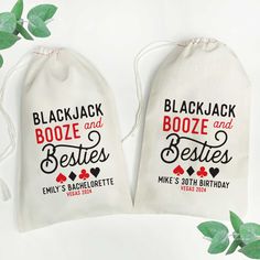 two bags with blackjack and booze and besties printed on them