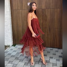 So Beuatiful!! What A Stunning Dress!!! Ships Same Day Fringe Spaghetti Strap Evening Dress, Elegant Fringe Dress For Date Night, Evening Dress With Fringe And Spaghetti Straps, Spaghetti Strap Evening Dress With Fringe, Chic Fringe Dresses For Party Season, Elegant Sleeveless Midi Dress With Fringe, Elegant Fringe Midi Dress For Party, Elegant Fringed Midi Party Dress, Chic Fringe Maxi Dress For Night Out