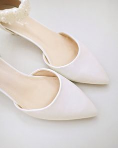 Ivory Satin Pointy Toe Low Heels with Perla Ankle Strap, Bridal Shoes