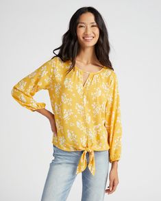 This boho blouse can play it both business casual and weekend brunch! Breezy fit with that must-have floral print, puffed 3/4 length sleeves, sassy front keyhole, and a flattering tie waist. | Floral Woven 3/4 Sleeve Keyhole Top for Women in Yellow Floral, Size XS by West Kei from Wantable Keyhole Top, Boho Blouse, Weekend Brunch, Top For Women, Front Tie Top, Boho Blouses, Yellow Floral, Business Casual, Length Sleeve