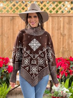 This gorgeous Mexican Artisanal Poncho is perfect for the cold months ahead! The thick sweater material and long sleeves will keep you warm all winter long. The turtle neck and fair isle design adds that perfect pop of color and style to your wardrobe. This poncho is knit, has open sides and it comes in one size so anyone ranging from size Small to 2x will be able to wear it. Acrylic Turtleneck Outerwear For Cold Weather, Bohemian Knitted Winter Sweater, Brown Knitted Turtleneck Outerwear, Knit Poncho For Cold Weather, Brown Turtleneck Outerwear For Winter, Brown Acrylic Outerwear For Winter, Cozy Turtleneck Poncho For Winter, Cozy Poncho For Cold Weather, Oversized Turtleneck Poncho For Winter