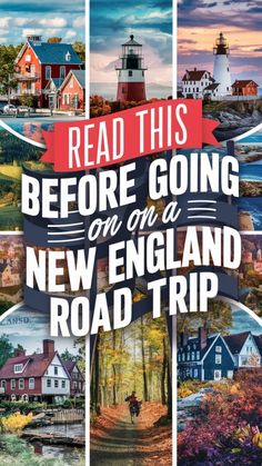 the cover of read this before going on a new england road trip with images of lighthouses and houses