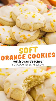 soft orange cookies with orange icing and sprinkles on a colorful plate