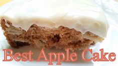 a close up of a piece of cake on a plate with the words best apple cake