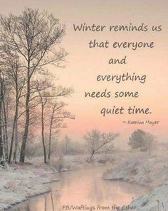 a river with trees and snow on the ground in front of a quote that reads, winter reminds us that everyone and everything needs some quiet time