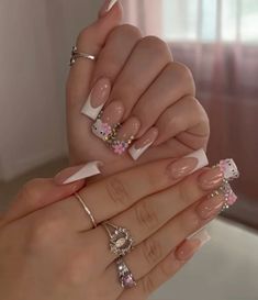 Please leave a like!!🤍🤍💗💗 White Jeweled Nails, Hello Kitty Nails With Gems, Shorties Nails Hello Kitty, Hello Kitty Gem Nails, Hello Kitty Bling Nails, Blinged Out French Tip Nails, Bling French Tip Nails, Med Nails, Pink Gem Nails