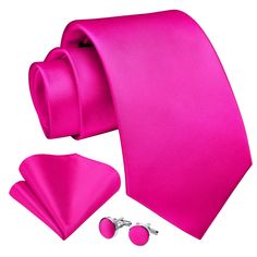 Solid Tie Handkerchief Set - A1-HOT PINK Formal Pink Adjustable Suit And Tie Accessories, Pink Adjustable Suit And Tie Accessories, Classic Pink Tie For Business, Classic Pink Business Tie, Hot Pink Bow Tie, Hot Pink Ties For Men, Adjustable Pink Ties For Business, Classic Pink Business Ties, Pink Adjustable Standard Tie For Suits