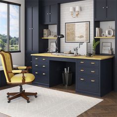 an office with blue cabinets and yellow chair in front of the desk is next to a large window