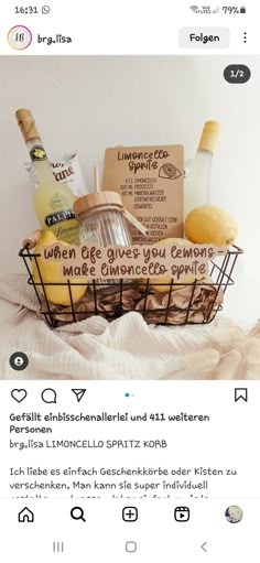 a basket filled with lots of food on top of a bed