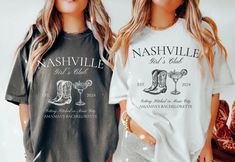 Get ready to kick up your heels and toast to the bride-to-be in our Nashville Girls Club Bachelorette Shirt! This stylish tee features a fun and festive design with iconic cowboy boots and margarita glasses, perfect for celebrating in Music City style. Made from high-quality, comfortable fabric, our shirts are designed to keep you looking and feeling great throughout your bachelorette festivities. Whether you're hitting up Broadway for some honky-tonk fun or exploring all that Nashville has to o Bachelorette Nashville, Club Tshirts, Bachelorette Party Essentials, Nashville Bachelorette Shirts, Cowgirl Bachelorette, Nashville Bachelorette, Bach Party, Bachelorette Shirts, Cow Girl