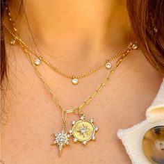 Brand New In Original Packaging Msrp: $175 Cz Sun & Starburst Charm Necklace Yellow Gold Plated 18-20" Length Starburst: 0.71" Long X 0.50" Wide Sun Disc: 0.71" Wide Jennifer Miller, Star Charm Necklace, Trending Necklaces, Sun And Stars, Gold Sparkle, Secret Santa Gifts, Star Charms, Jewelry Gold, Star Necklace