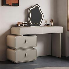 a dressing table with two drawers and a mirror