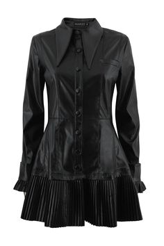 Structured collar shirt dress with double darts and pleated ends.Material: Faux lycra leather - length : 87cm -seelves :65 - waist : 40cm Fitted Collared Shirt Dress For Work, Formal Fitted Dress With Collared Neckline, Fitted Party Dress With Collared Neckline, Classic Pleated Dress For Parties, Classic Pleated Hem Dress For Party, Sleek Collared Fall Dress, Sleek Collared Dress For Work, Semi-formal Fitted Dress With Collared Neckline, Fitted Dresses With Collared Neckline For Work