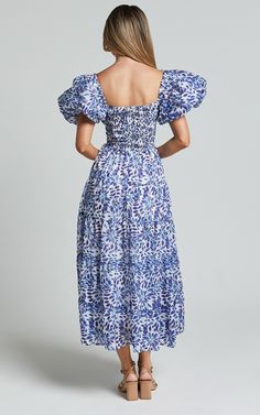 Nelrose Midi Dress - Short Puff Sleeve Front Cut Out Dress in Blue Print | Showpo USA Date Outfit Summer, Date Outfit, Blue Print Dress, Short Puff Sleeve, Cut Out Dress, Summer Dress Outfits, Out Dress, Date Outfits, Midi Length Dress