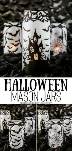 the halloween mason jars are decorated with black and white paper