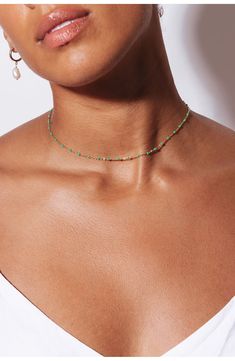 Delicate bead stations complement the polished links on this handmade chain necklace made from 14-karat-gold fill. 16" length 14k-gold fill/enamel Made in the USA Green Jewelry With Adjustable Chain And Round Beads, Green Jewelry With Round Beads And Adjustable Chain, Green Beaded Chain Necklace As Gift, Green 14k Gold Filled Jewelry With Delicate Chain, Delicate Green 14k Gold-filled Jewelry, Dainty Green Beaded Chain Jewelry, Dainty Green Emerald Necklace With Delicate Chain, Green Necklaces With Delicate Chain And Round Beads, Green Jewelry With Beaded Chain