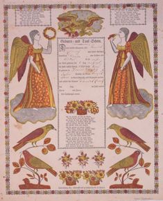 an image of two angels with flowers and birds on the bottom, one is holding a bird