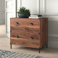 a wooden dresser with two drawers and a potted plant sitting on top of it