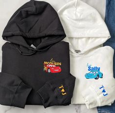 Cars Couple Embroidered Sweatshirt, Sally And McQueen Matching Hoodie, Sweatshirt, Cars Couple Gift, Adult/Youth Embroidered Sweater/Hoodie *Embroidered Sweatshirt/Hoodie*  Maximum Embroidery Sizes Chest center - 6"x6" Left/Right chest - 3.5"x3.5" Sleeve - 2.5"x2.5" Available embroidery position - Chest center Front/Back - Left/Right chest - Left/right sleeve - Neck Material: 8 oz./yd² (US) 13.3 oz./L yd (CA), 50/50 cotton/polyester - Classic fit - Make in US Custom Matching Hoodies For Couples, Nike Cars Hoodie, Matching Disney Sweatshirts, Lightning Mcqueen Gifts, White Hooded Top With Custom Embroidery, Matching Disney Hoodies, Sporty Hooded Hoodie With Custom Embroidery, Hooded Top With Custom Embroidery For Fall, Fall Custom Embroidered Hooded Top