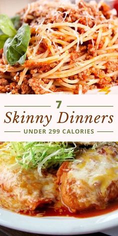 the cover of skinnyy dinners under 29 calories, with an image of spaghetti and meat