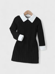 Super Cute Toddler Little Girls Black and White Contrast Collar Dress. Wednesday Adams Inspired Textured Knit Dress. Long Sleeve Winter School Dress, Fitted Black Dress For School, Casual Winter School Dress, Black Fitted Dress For School, Casual Winter Dresses For School, Black School Dresses For Fall, Black Fall Dresses For School, Black Dresses For School In Fall, Contrast Collar Dress