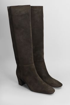 High heels boots in dark brown suede, square toe, slip on, straight leg, block heel, 60 mm heel, leather sole, 100% suede, Made in Italy Suede Block Heel Knee-high Boots For Work, Suede Knee-high Boots With Reinforced Heel For Work, Suede Heeled Boots With Square Toe And Suede Lining, Square Toe Suede Heeled Boots With Suede Lining, Suede Heeled Boots With Square Toe, Square Toe Suede Heeled Boots, Brown Suede Knee-high Boots With Block Heel, Brown Suede Lined Block Heel Boots, Brown Block Heel Boots With Suede Lining