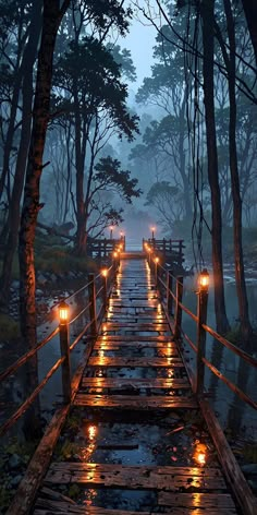 a wooden bridge with lights on it in the middle of a forest filled with trees