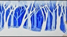 blue trees are shown in this watercolor painting with numbers on the bottom and bottom