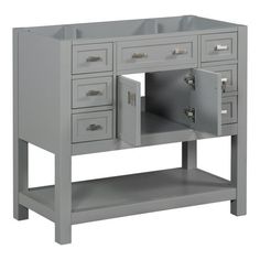 a bathroom vanity with two drawers and an open door on the side, in grey