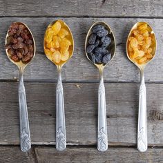 five spoons filled with different types of food