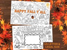 two thanksgiving coloring pages with autumn leaves and pumpkins in the background on a wooden surface